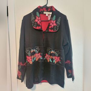 Peruvian Perfection Alpaca Blend Embroidered Floral Button Up Cardigan Large